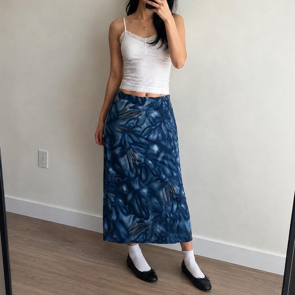 Vintage Midi Wrap Abstract Floral Skirt Minimalist 90s‎ Women 8 Coastal Grandma